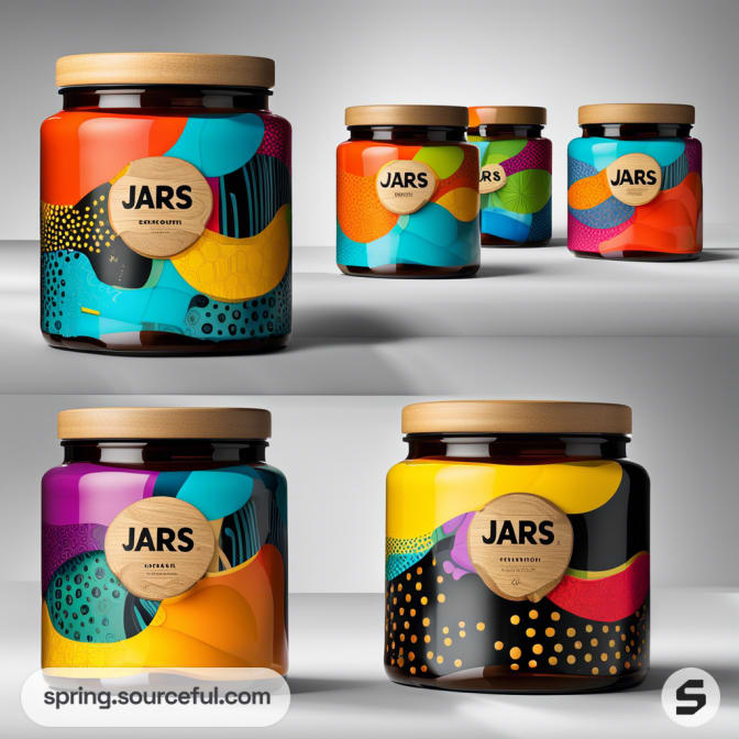 Colorful glass jars with abstract designs and wooden lids on a white background.