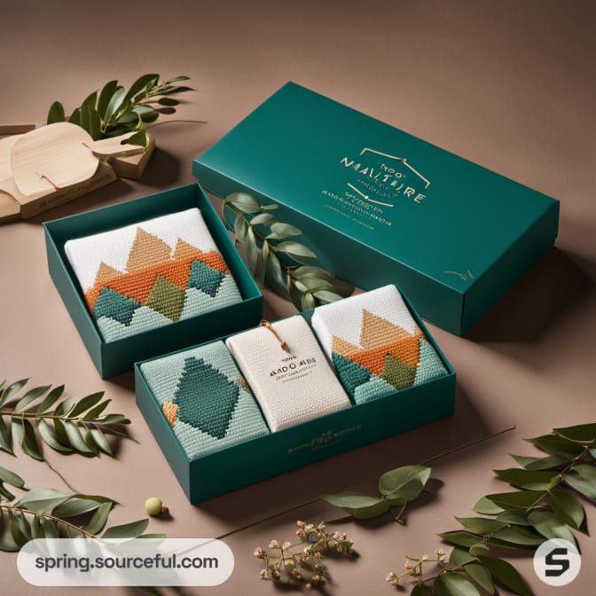 Green and beige decorative boxes with plant motifs and embroidery patterns.