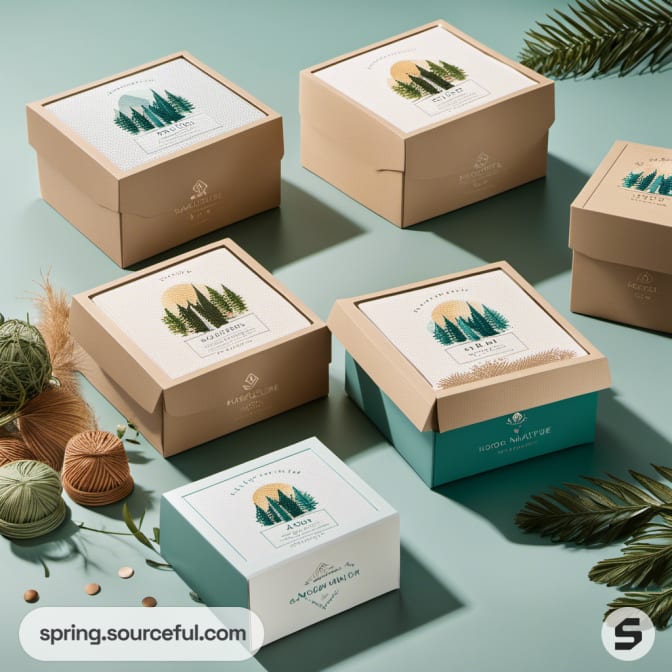 Craft boxes with mountain landscape illustrations and nature-inspired decor.