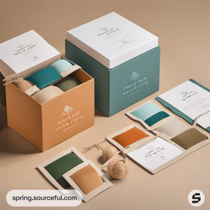 Colorful yarn packs and fabric samples in stacked crafted boxes.