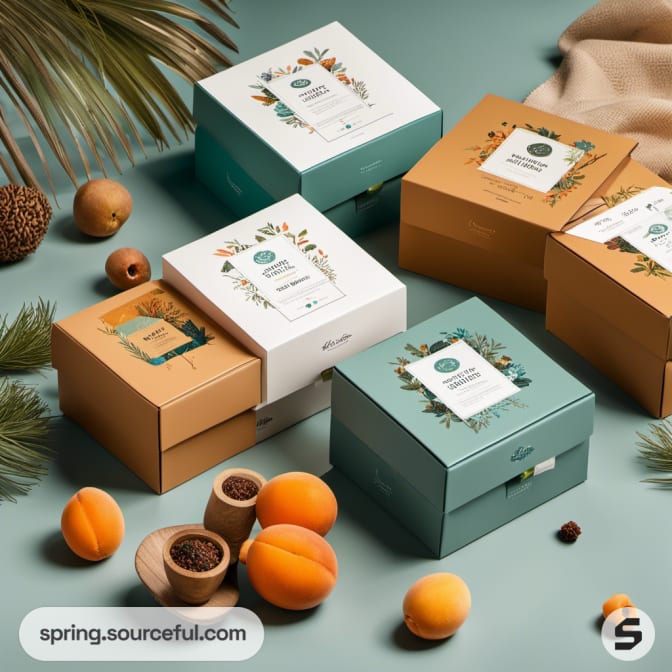 Nature-themed boxes with dried fruit accents and botanical patterns.