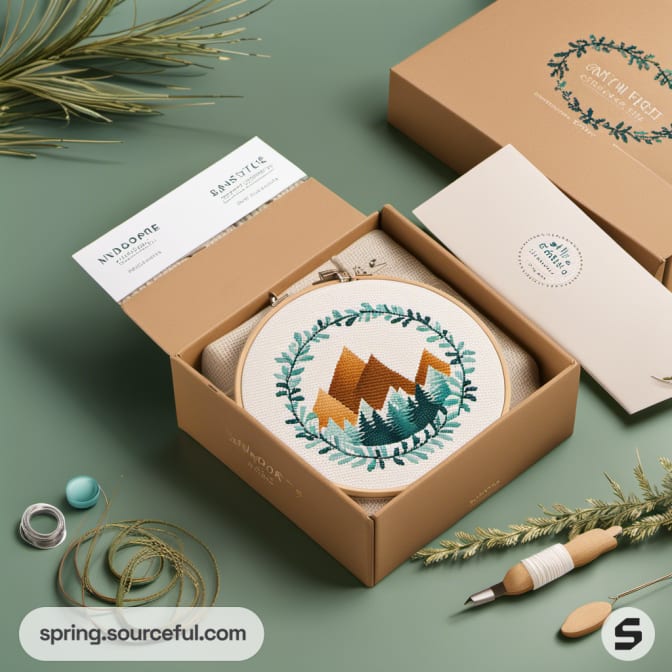 Embroidery kit in a brown box with mountain and leaf designs.