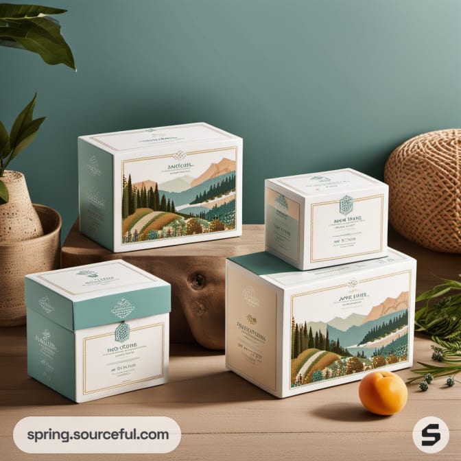 Pastel-toned packaging with scenic landscape illustrations.