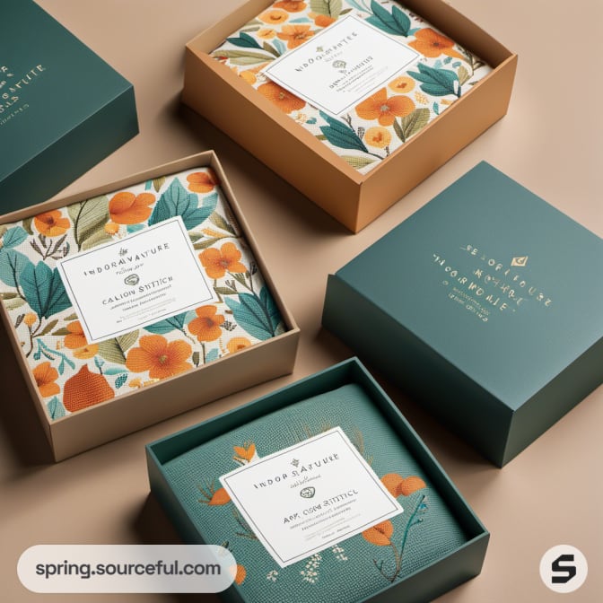 Floral-patterned boxes with teal and orange color themes.