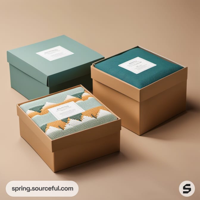 Stacked green and brown boxes with geometric patterns inside.