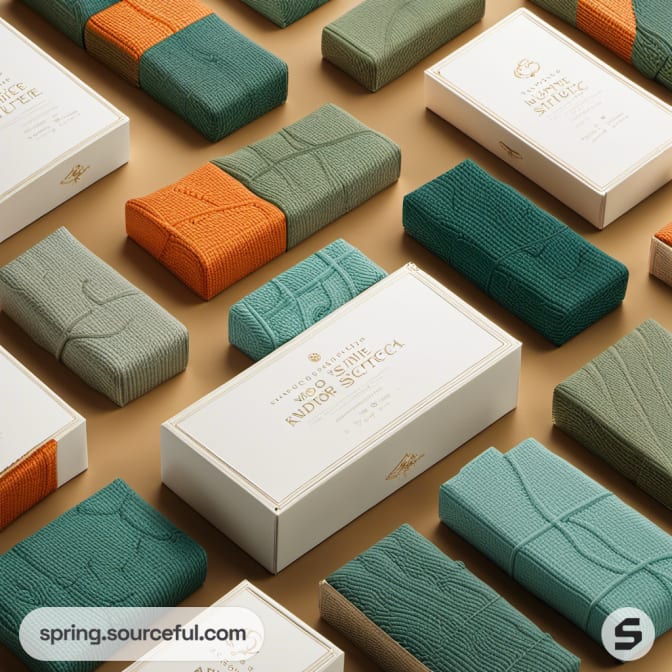 Varied colored socks in textured packaging with nature labels.