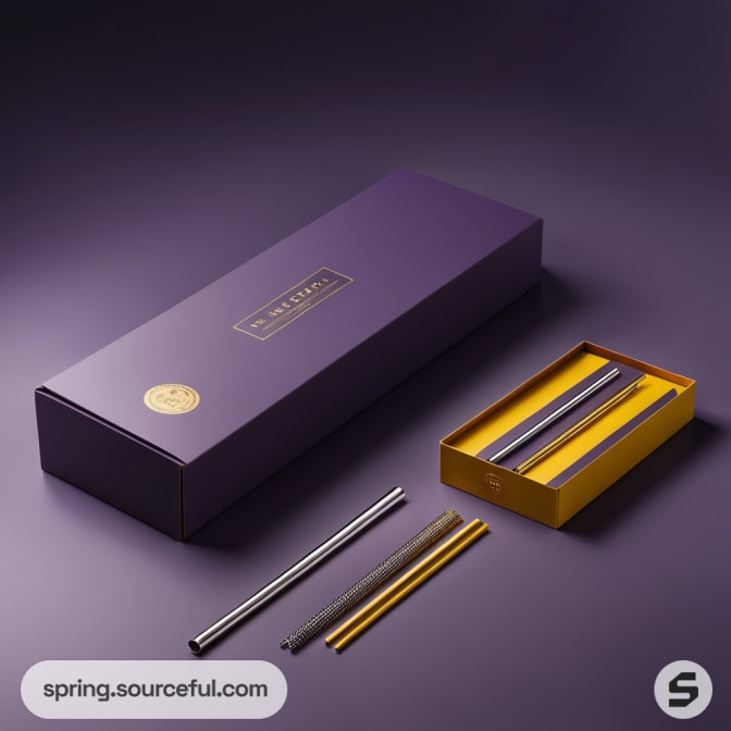 Purple rectangular box with gold accents and metal straws beside a yellow inner box.