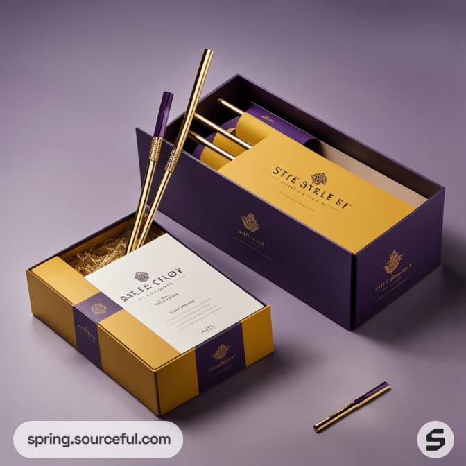 Open purple and yellow boxes showcasing metal straws, surrounded by purple-themed packaging.