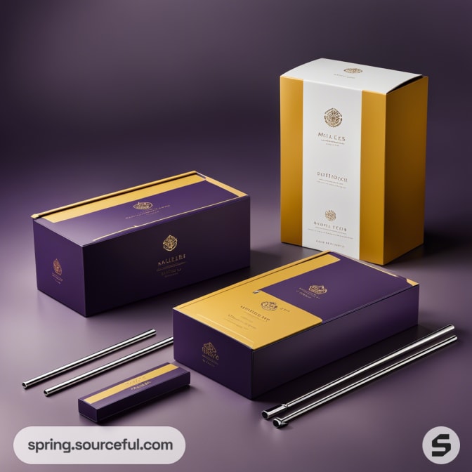 Purple and yellow packaging boxes with silver metal straws on a purple surface.