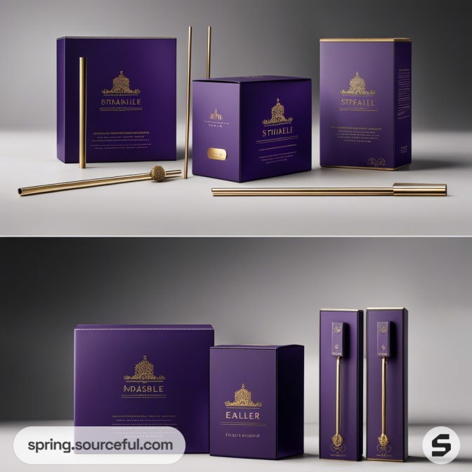 Purple packaging boxes with metal straws, displayed on light background, vertical setup.