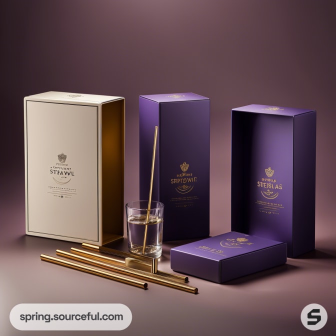 Purple and gold boxes with metal straws and a glass, set against a soft purple backdrop.