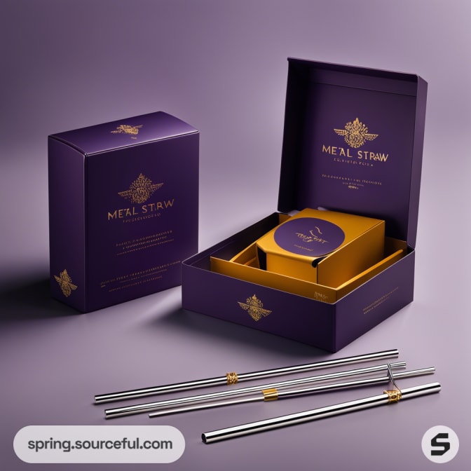 Purple box with yellow interior, displaying metal straws on a soft purple surface.