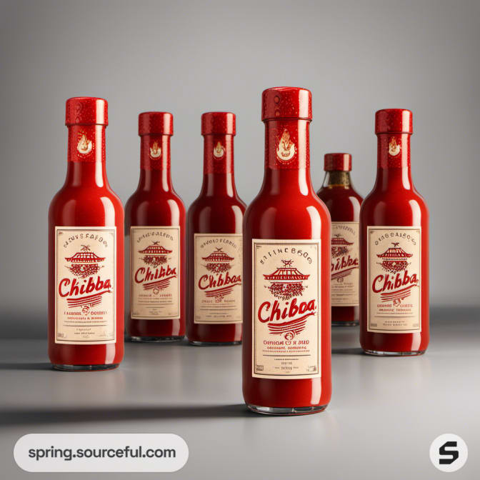 Red hot sauce bottles with cream labels on gray background.