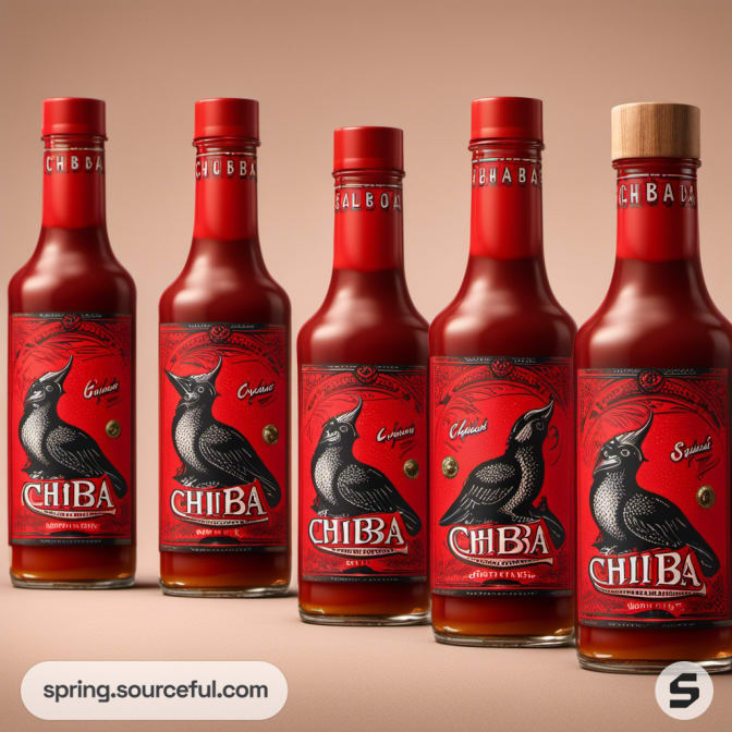 Red hot sauce bottles with bird designs and red background.