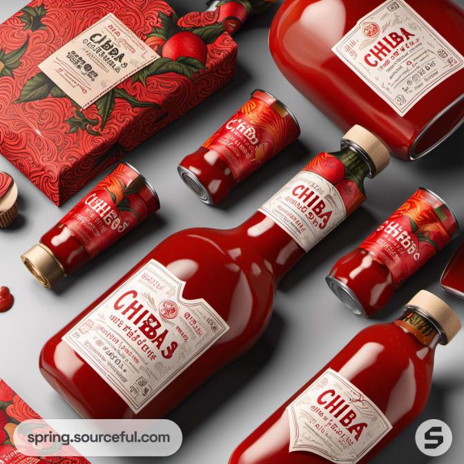 Assorted red sauce bottles and jars with vintage labels.