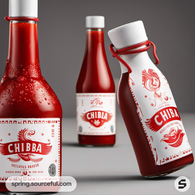 Hot sauce bottles with white and red labels, marble effect.