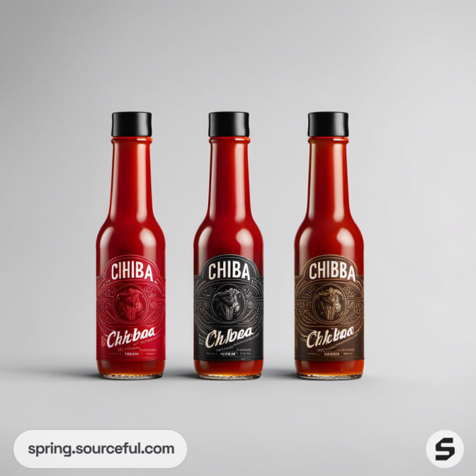 Three hot sauce bottles with black, red, and brown labels.