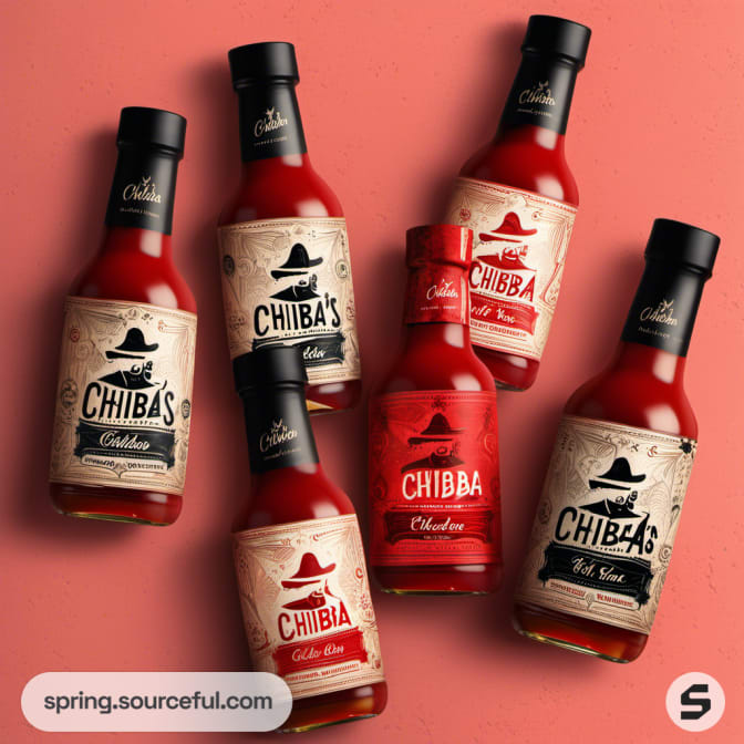 Variety of hot sauce bottles with black caps on pink background.