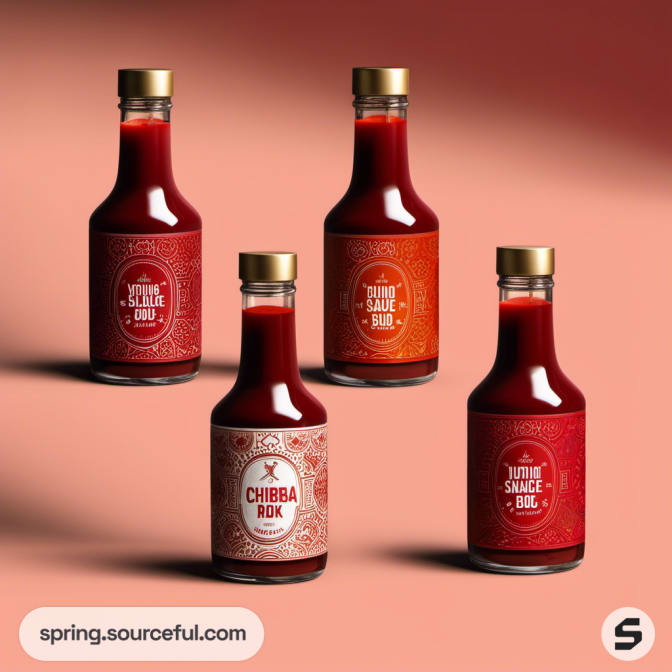 Assorted sauce bottles with intricate designs on orange background.