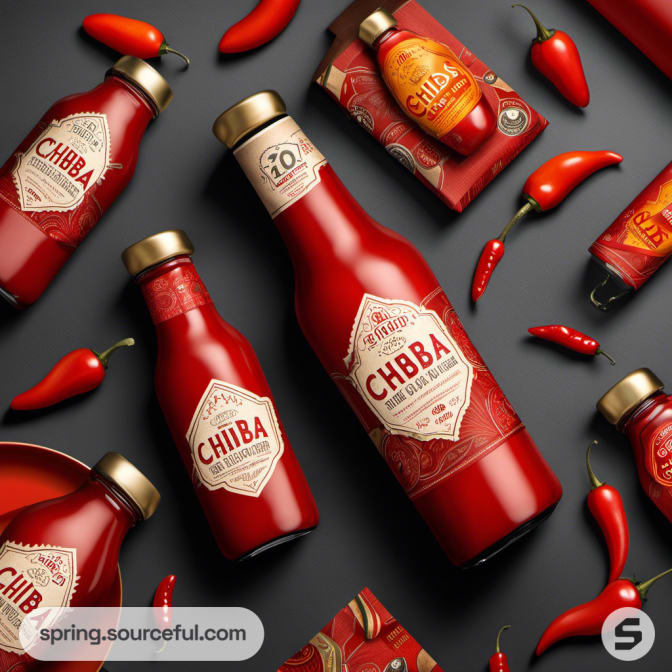 Collection of hot sauce bottles with gold caps and chili peppers.