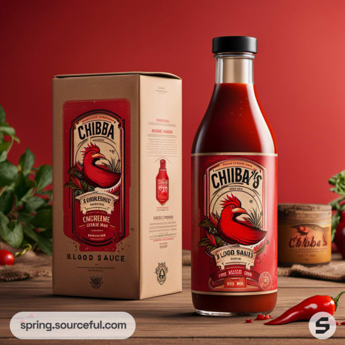 Hot sauce bottle with red bird design and cream box packaging.