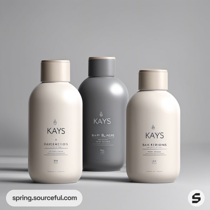 Trio of sleek, minimalist bottles in neutral tones on gray background.