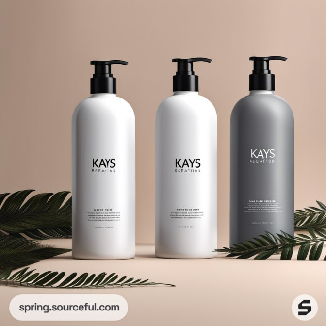 Three shampoo bottles with pump tops, featuring a modern design on a beige background.