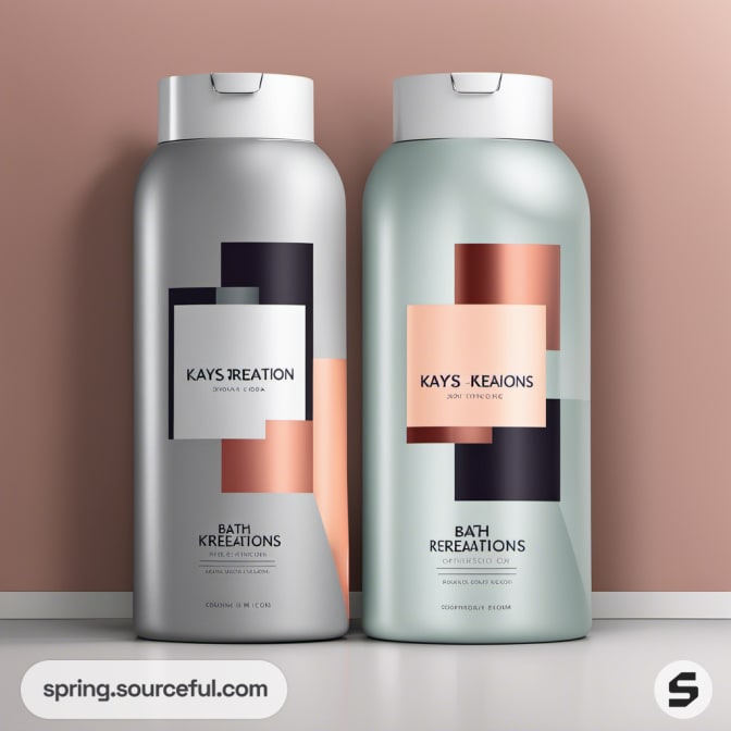 Two geometric-patterned shampoo bottles in metallic tones against a brown backdrop.