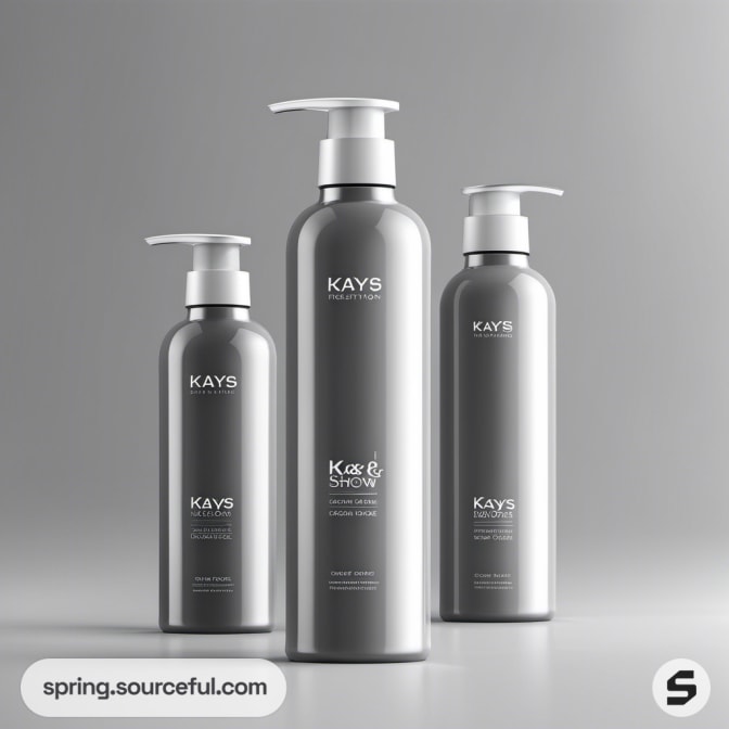 Three elegant gray pump bottles displayed on a sleek gray background.