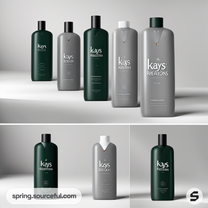 Shampoo bottles in dark green and gray on a two-toned modern display.