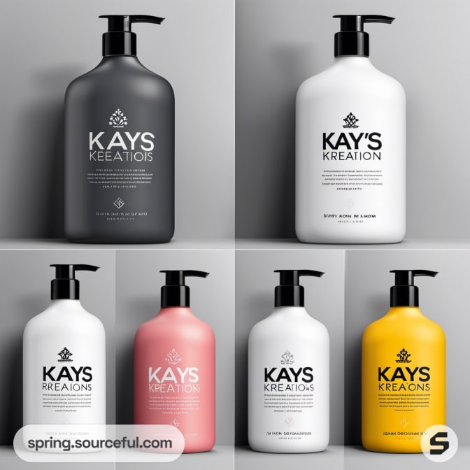 Six assorted color shampoo bottles with pump tops on a grid backdrop.