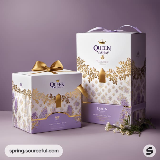 Elegant purple and gold square boxes with bow detail on a lavender background.