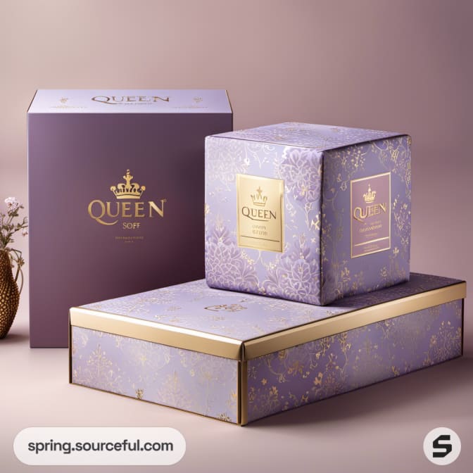 Luxurious purple and gold boxes with floral patterns on a cream surface.