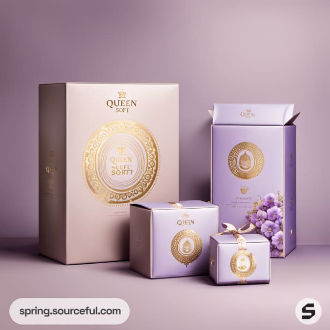 Sophisticated purple and gold packaging with floral designs and round emblem.