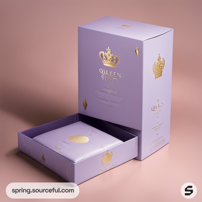 Lavender and gold box with drawer mechanism on a beige surface.