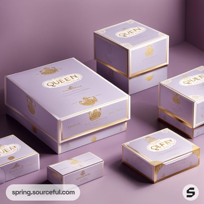 Assorted purple boxes with gold accents arranged on a purple surface.