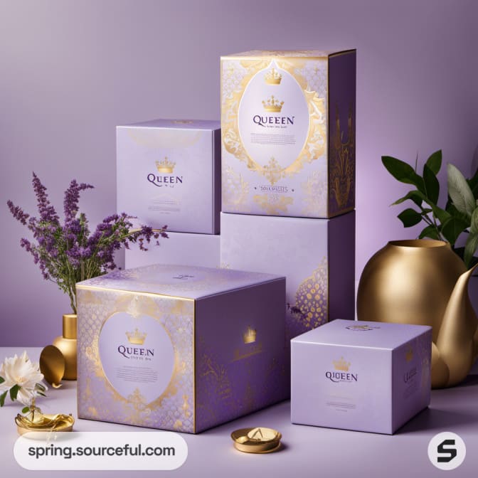 Purple and gold boxes with floral motifs and decorative vases.