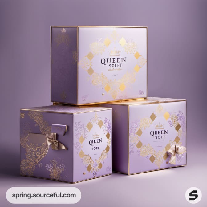 Elegant lavender boxes with gold accents stacked together.