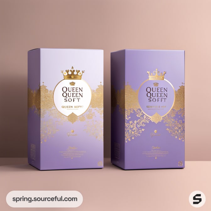 Purple boxes with royal crown emblem and intricate gold designs.
