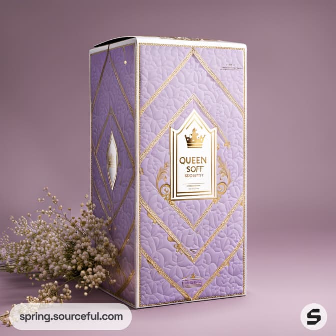 Tall textured purple box with gold patterns and floral accessory.