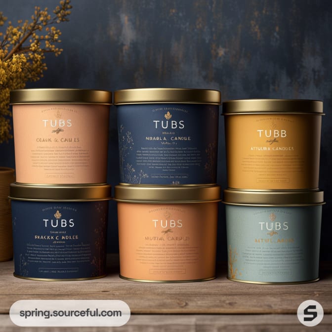 Six candle tins in pastel shades with minimalist labels against a dark backdrop.