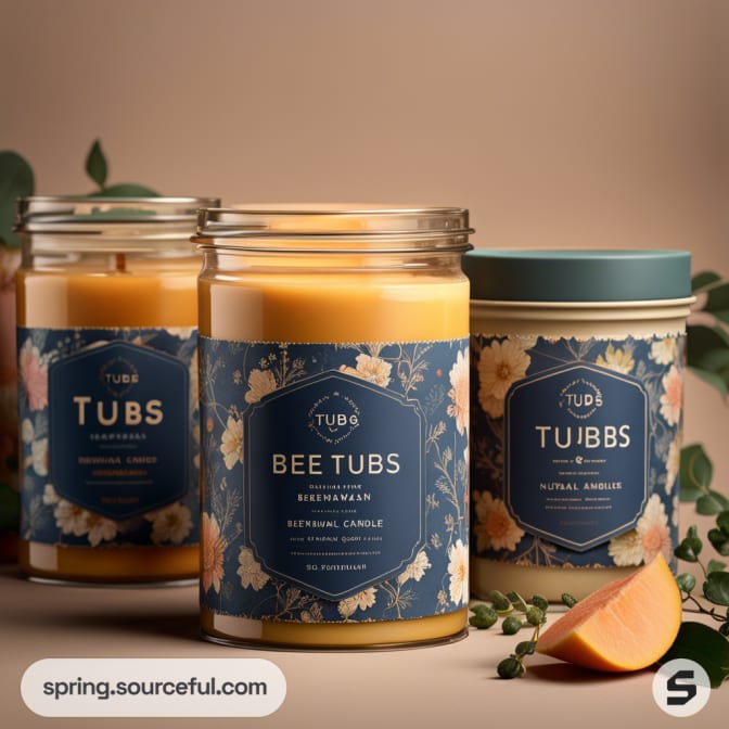 Candles in glass and tin jars with floral labels and apricot slices nearby.