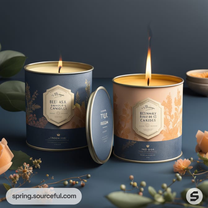 Two lit candle tins with floral and bee designs on a soft blue surface.