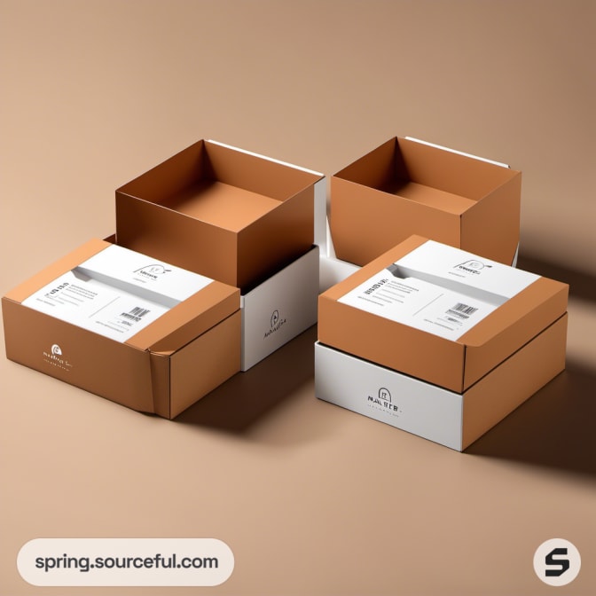 Open and closed brown and white packaging boxes.