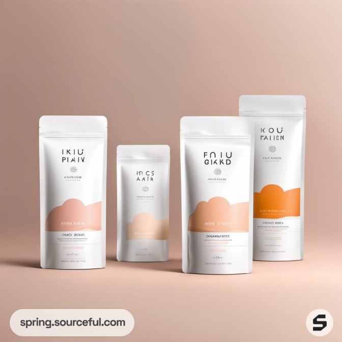 Set of four resealable pouches in white and peach with minimalist designs.