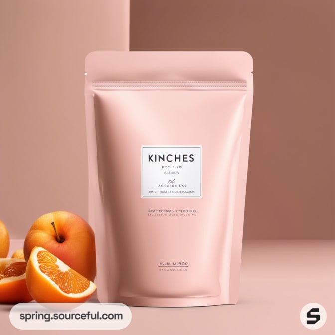 Peach resealable pouch with apricots and green leaves on a muted background.