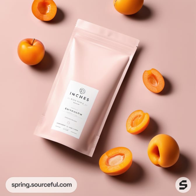 Pink pouch surrounded by apricot halves on a beige surface.