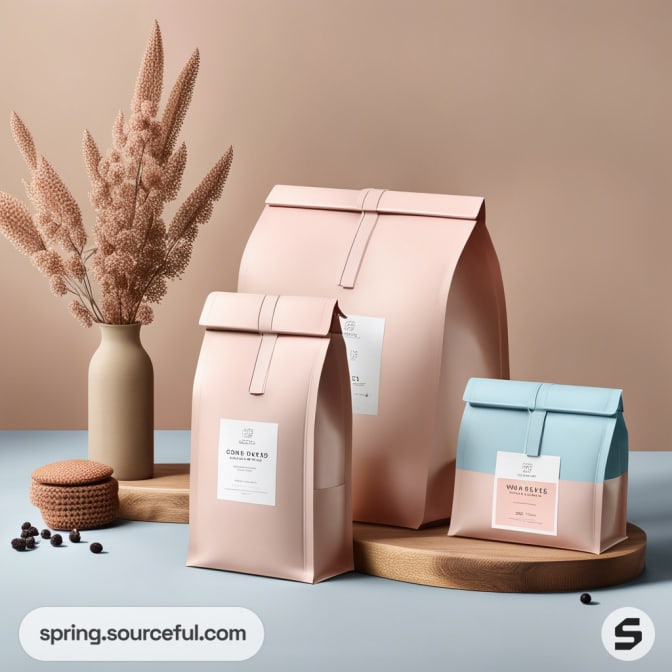 Two pastel-colored resealable coffee bags in pink and blue on a wooden surface, with dried flowers in a vase.