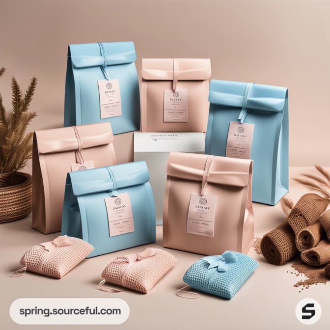 Pastel blue and pink gift bags with folded tops and tags with dried grass decor and folded textiles.