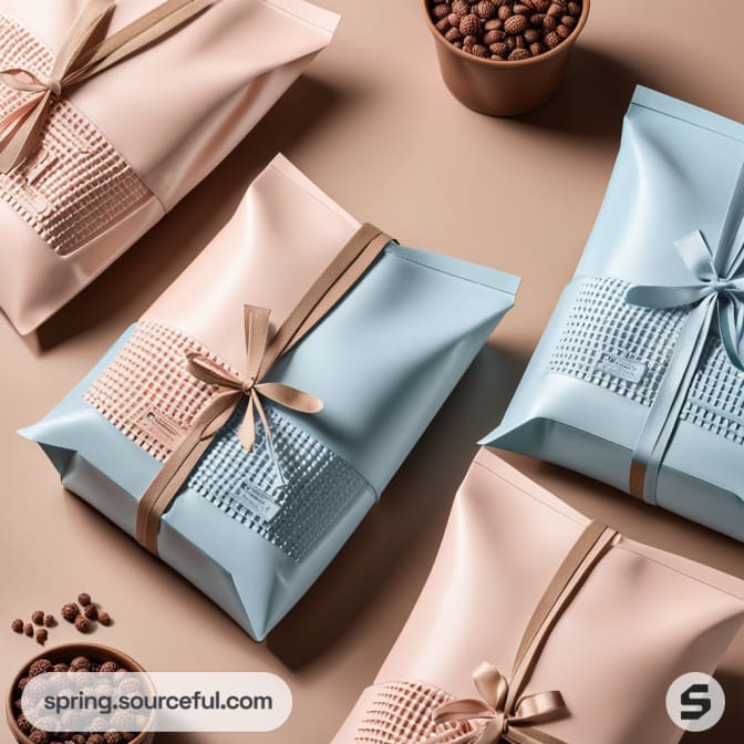 Pastel pink and blue gift boxes with ribbons on a beige surface next to a cup of cocoa nibs.